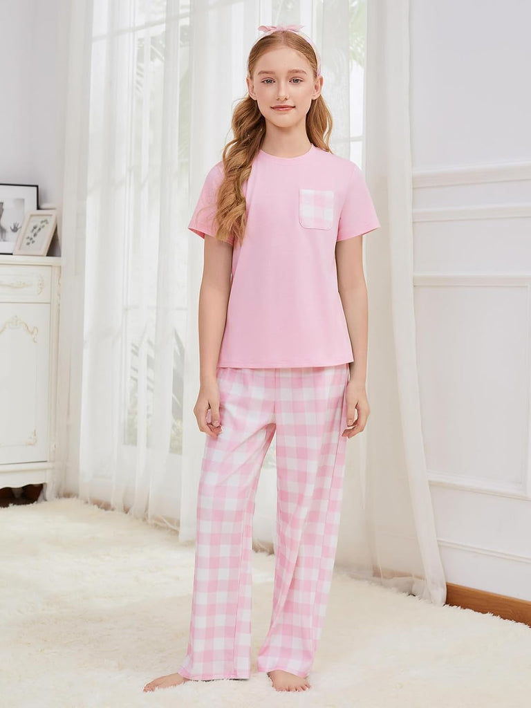 Girls Pajama Sets Kids Short Sleeve Tops and Plaid Long Pants PJS Sleepwear Soft Lounge Set
