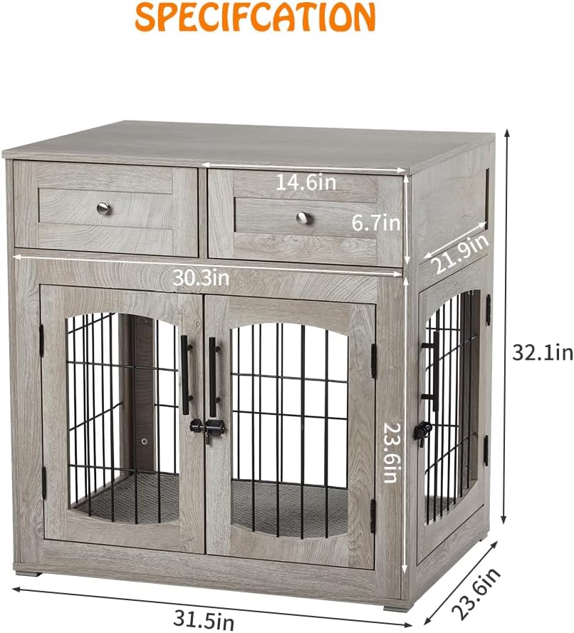 Modern Wooden Dog Crate Furniture with 3 Doors & 2 Drawers - Comes with Cushion - Indoor Dog Kennel End Table