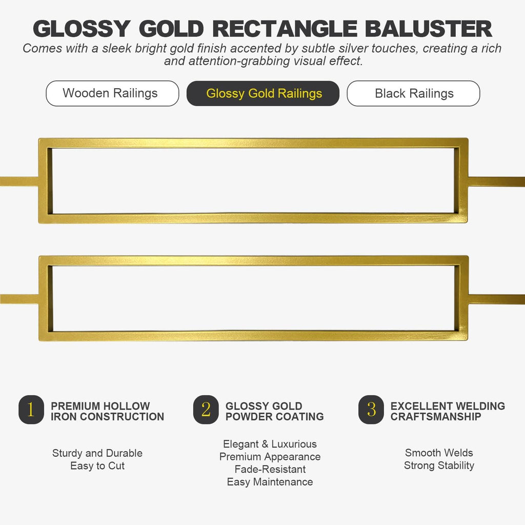 Glossy Gold Rectangle Wrought Iron Stair Balusters for Interior, 1/2" X 44" Square Metal Spindles for Stairs, Upgrade