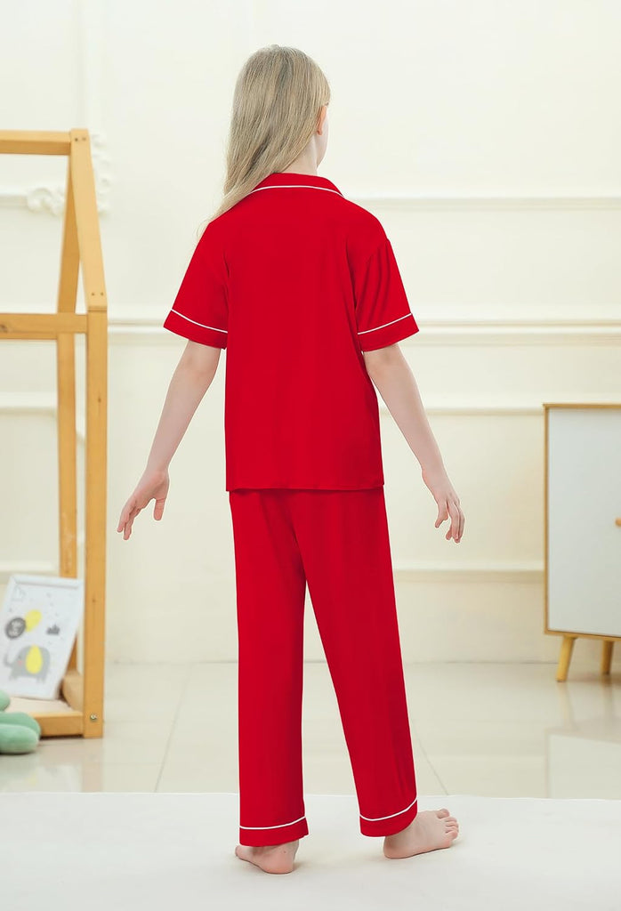 Girls Pajamas Set Button Down Notch Collar Soft Short Sleeve Pjs Set with Long Pant Set Lounge Set