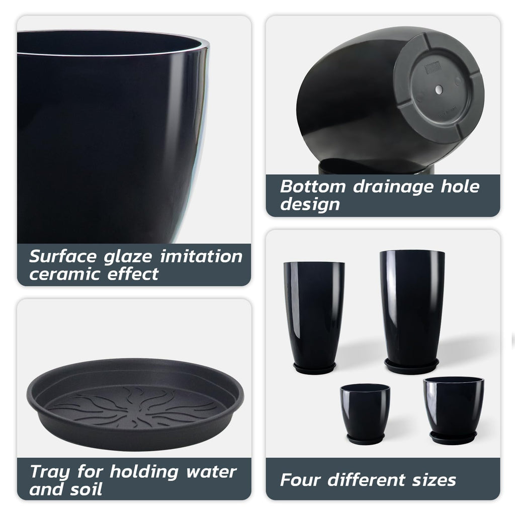 24/21/12/10" H Large Plastic Planters with Drainage Hole and Saucer -Set of 4 Tall Plant Pots for Indoor & Outdoor