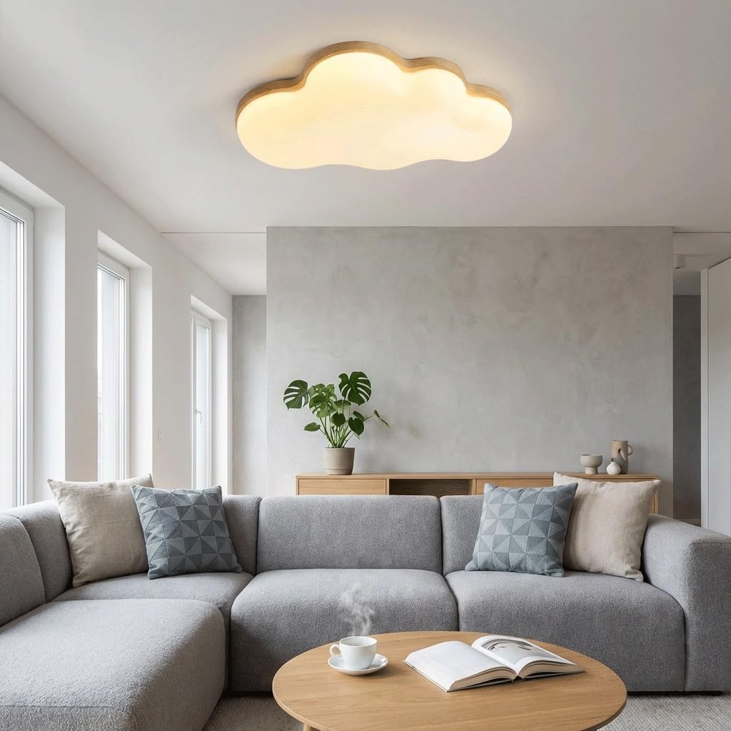 Modern Cloud LED Ceiling Light, Wood Flush Mount Ceiling Lamp with Acrylic Shade, Warm White Neutral Cool White