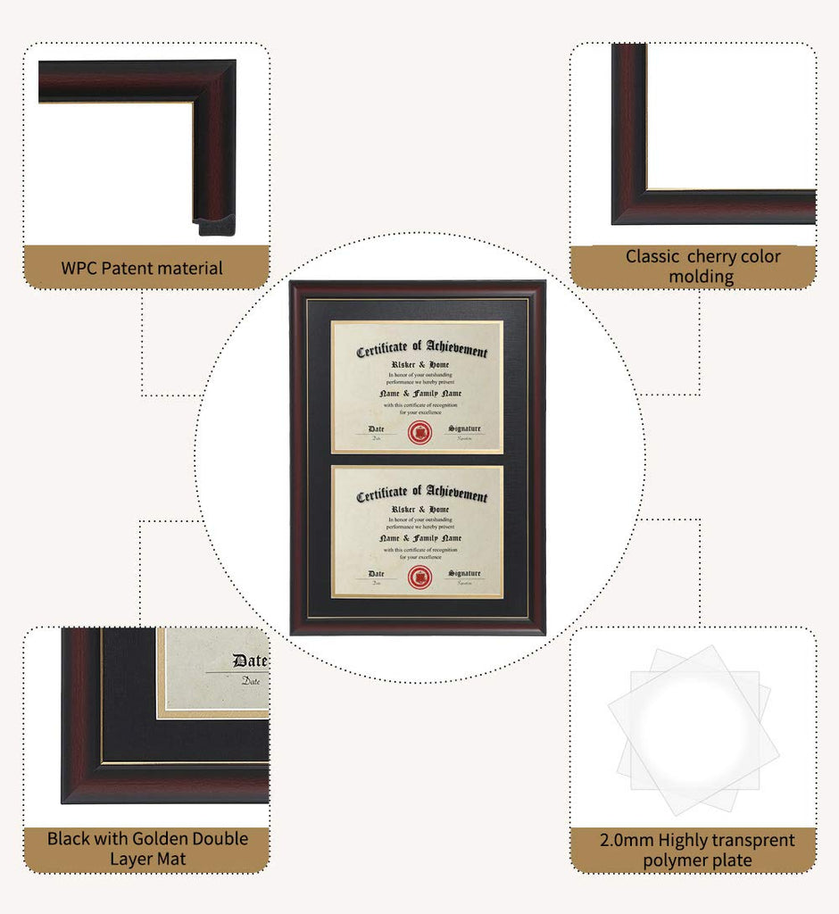 Double 8.5x11 Diploma Frames Cherry with Black Golden Rim mat
