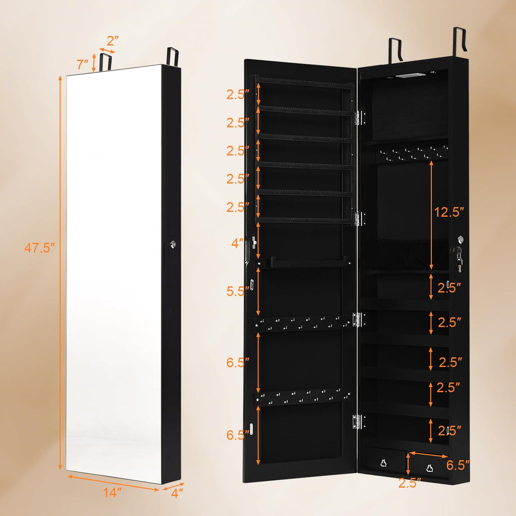 2 LEDs Jewelry Armoire with Full Length Mirror, 47.5" H Wall or Door Mounted Jewelry Cabinet with 2 Drawers, Lockable