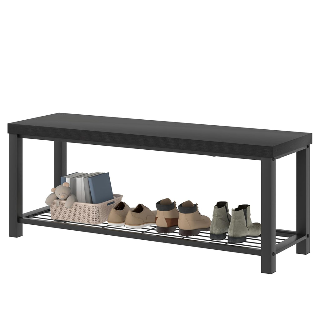 Entryway Bench, Modern Wood and Metal Storage Bench Front Door Entrance, Industrial Indoor Shoe Rack Bench Seat