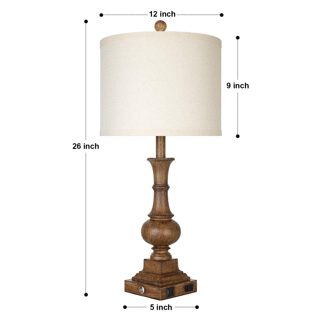 26" Tall Farmhouse Rustic Table Lamps Set of 2, Vintage Retro Nightstand Table Lamp with USB C+A Charging Ports & AC