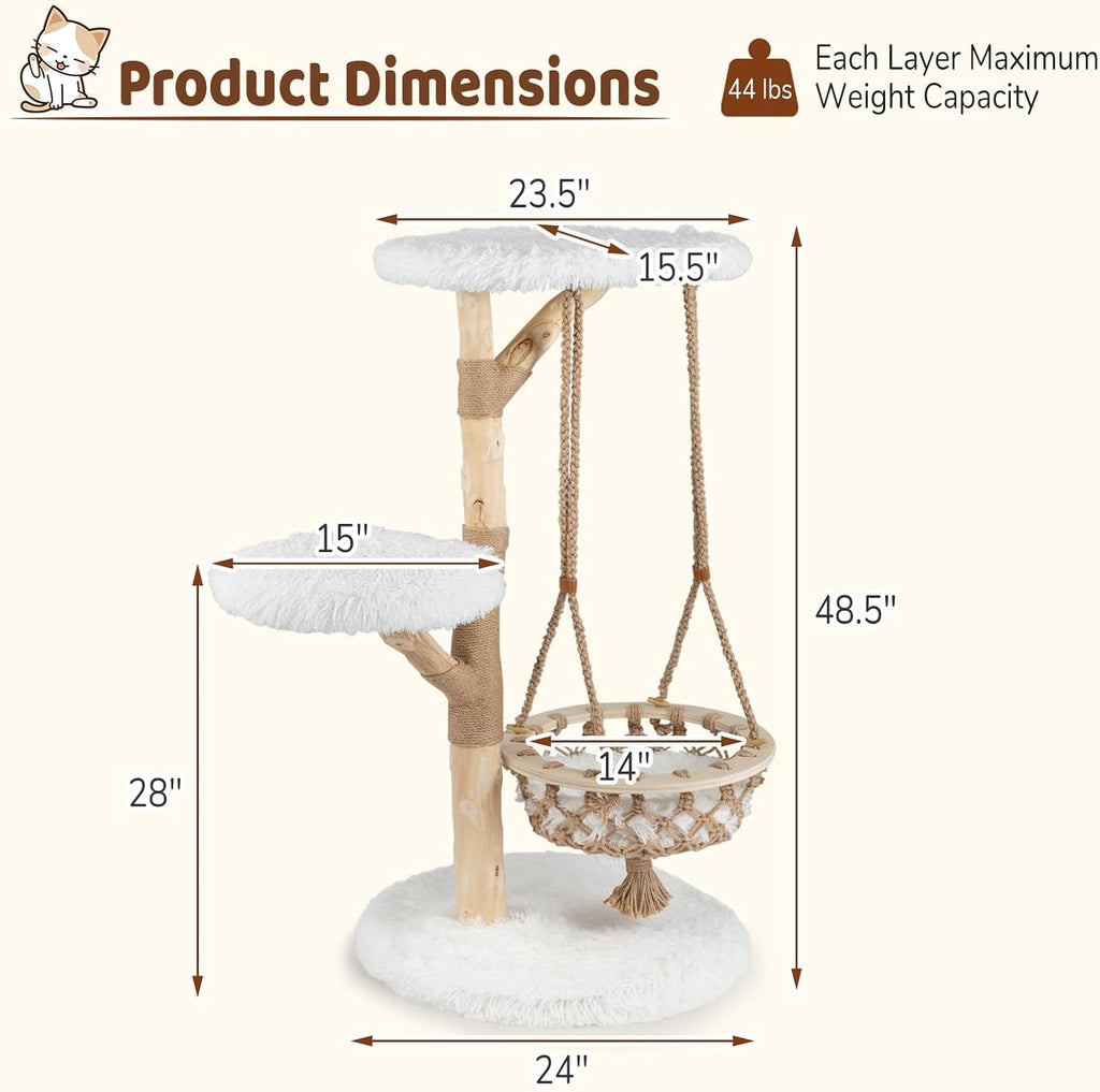 48.5-inch Wood Cat Tree, Multi-Level White Modern Wooden Cat Tower