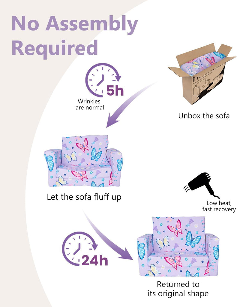 Toddler Couch, in-1 Foldable Kids Comfy Chair & Lounger, Purple Butterfly