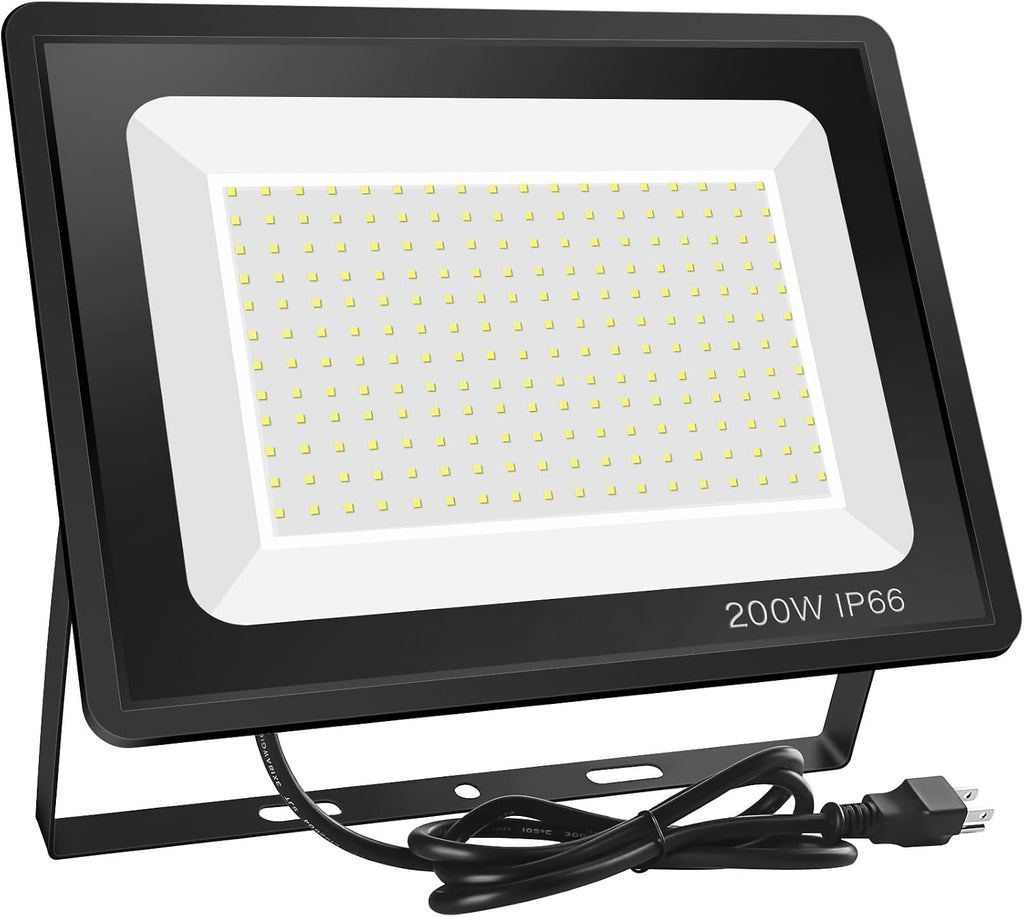 200W LED Flood Light, 6000K Daylight White 24,000lm Super Bright, Waterproof IP66 with Plug, Work Light for Parking