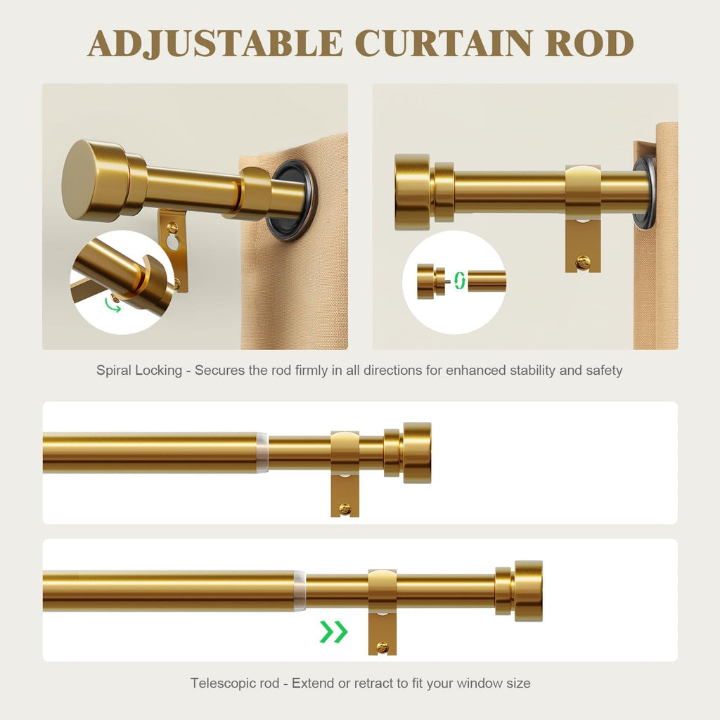 Heavy Duty Curtain Rods for Windows, 1 Inch Brass Gold Curtain Rod, Adjustable Length Rod with Metal