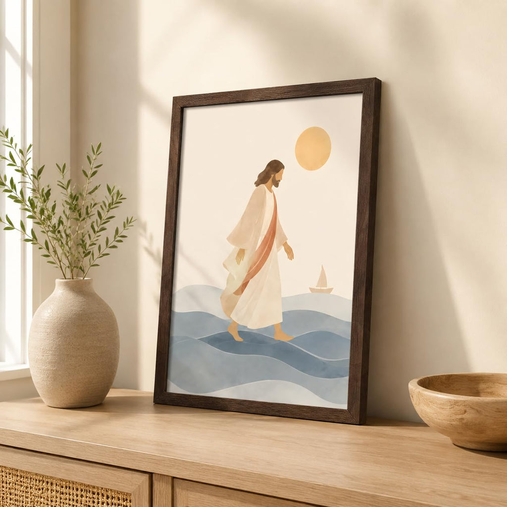 Framed Jesus Walking on Water Canvas Wall Art, Minimalist Christian Faith Wall Decor, Neutral Biblical Ocean Print