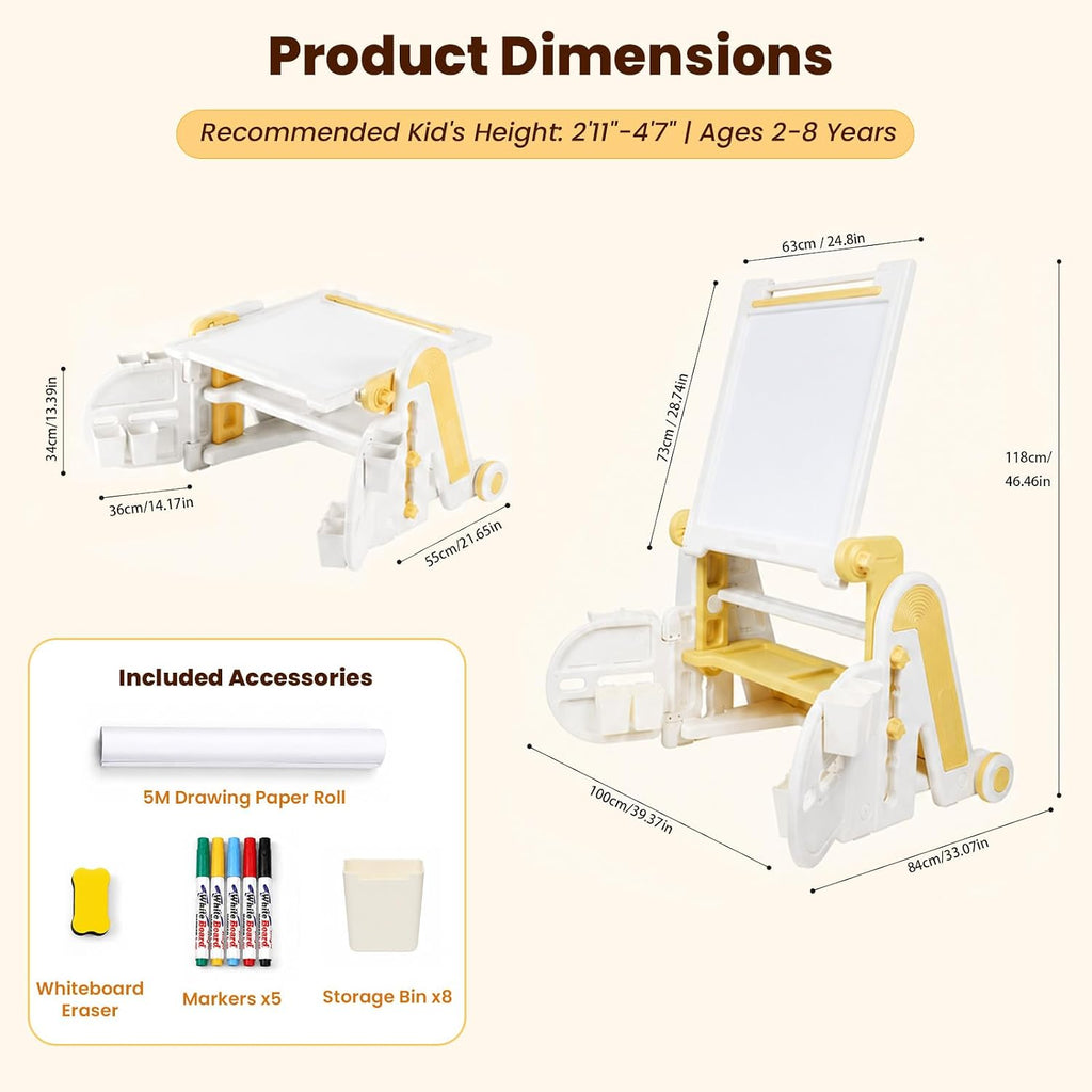 Upgraded in-1 Kids Table with Adjustable Height & Angle, Large Magnetic Tabletop with Markers, Multi-Function