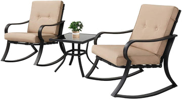 Outdoor Furniture 3 Piece Conversation Bistro Set Rocking Chairs and Glass Top Table, Thick Cushions, Black Steel