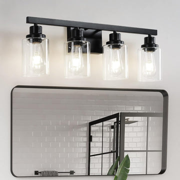 4-Light Bathroom Vanity Light, Modern Matte Black Wall Sconce Lighting with Clear Glass Shade, Bathroom Lighting