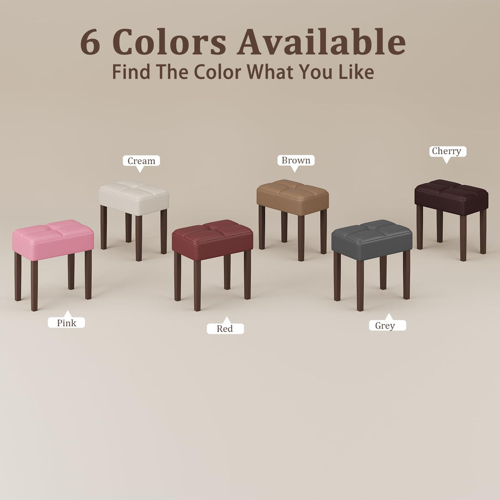 Two Leather Vanity Stool, 18.7 Inch Wide Rectangle Ottoman Bench for Makeup Room, A Set Vanity Chair with Wood Legs