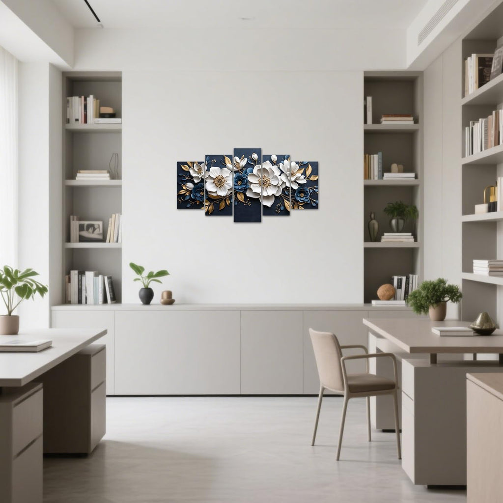 Luxury White and Gold Floral 3D Wall Art 5 Pieces Flower Picture Canvas Prints Abstract Elegant White Floral Painting