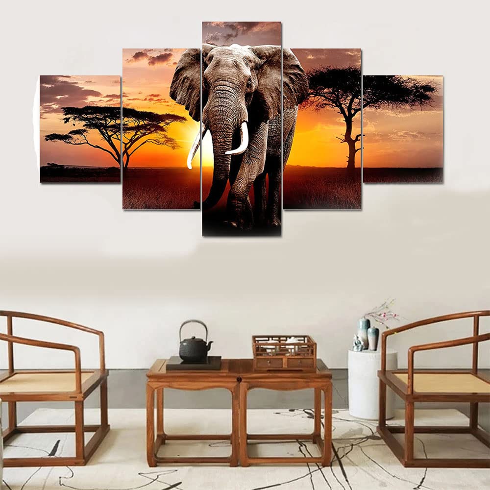 5 Pcs Africa Grassland Elephant Large Framed Canvas Wall Art Oil Painting Artwork On Stretched Canvas Print Painting