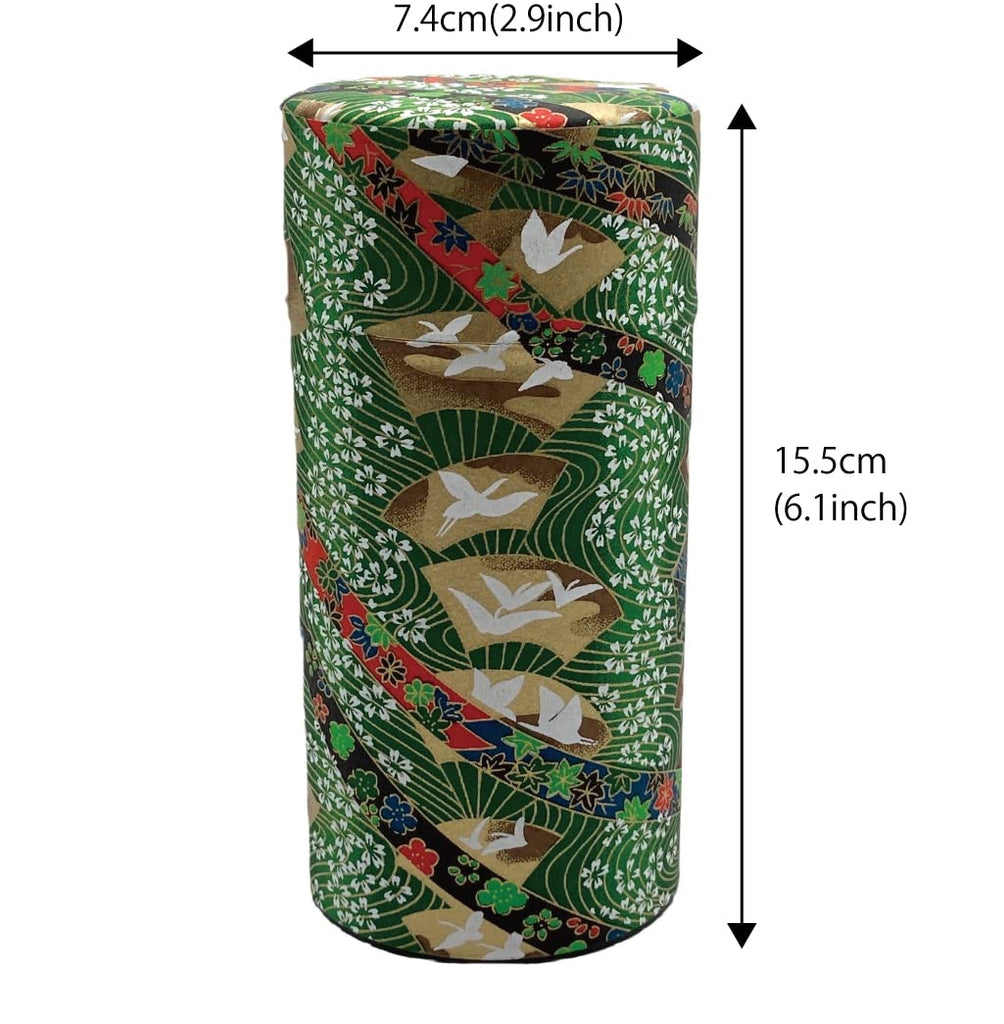 Japanese Tea Canister Tin Crane on a Fan Green/Double Lid/Japanese YUZEN Washi Paper Pasted /200g Tea Capacity/Loose