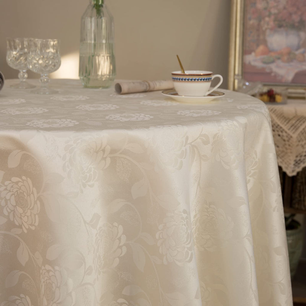 Round Tablecloth Waterproof Spillproof Lace Trim Damask Fabric Table Cloth for Wedding Kitchen Dinning Tabletop