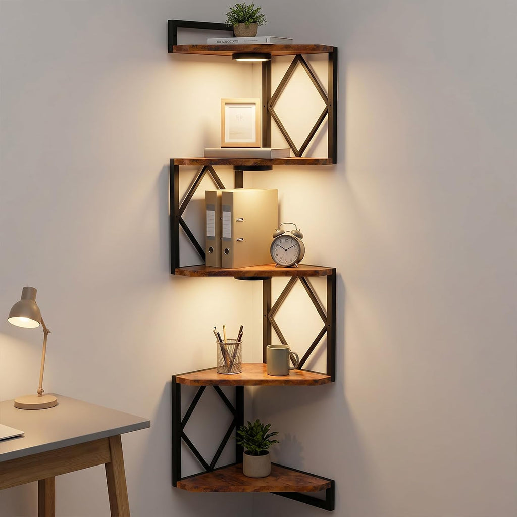 Corner Shelf Wall Mounted: 5-Tier Floating Shelves with Lights , Rustic Brown