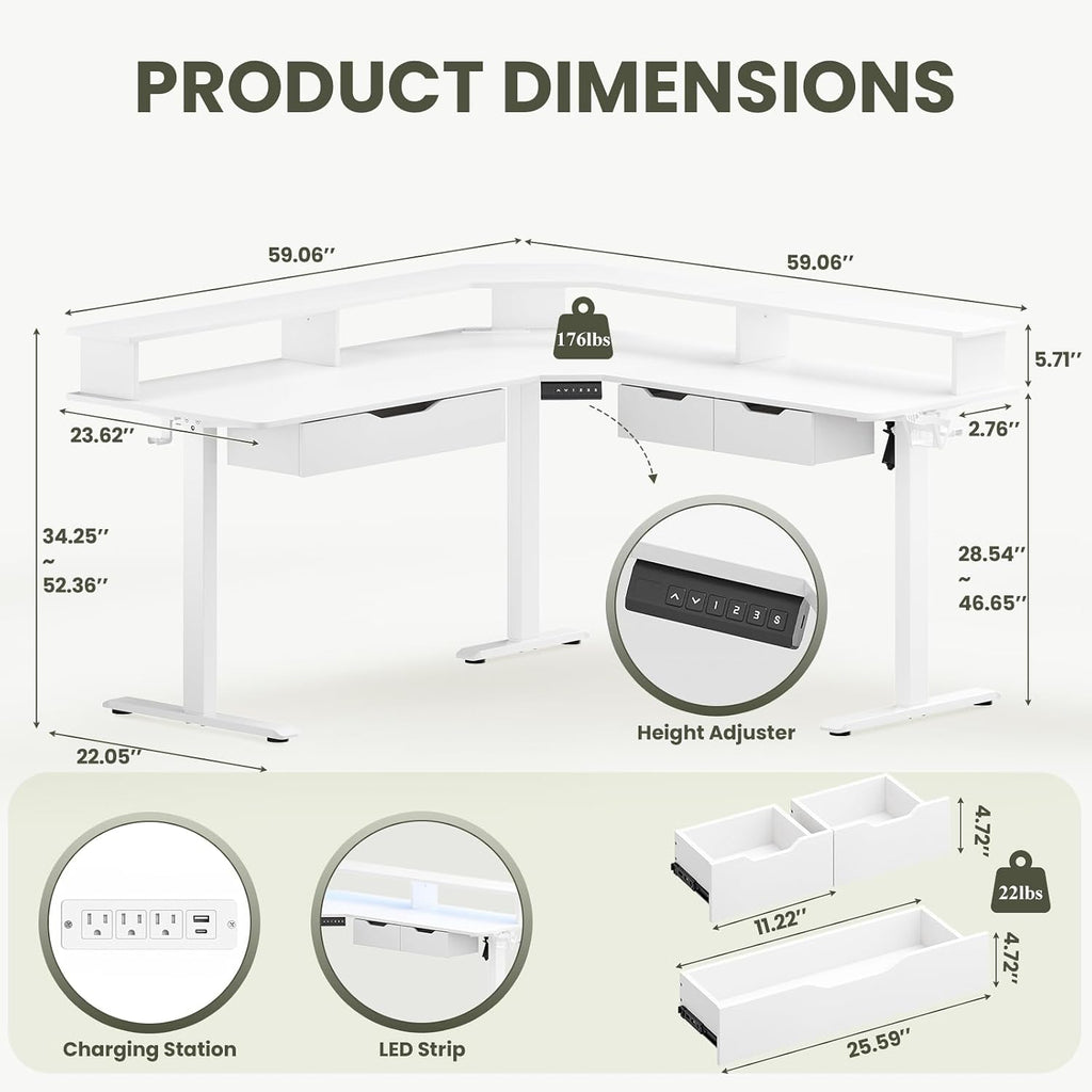 59" L Shaped Electric Standing Desk with Drawers, Height Adjustable Desk with Power Outlets & LED Lights, Monitor