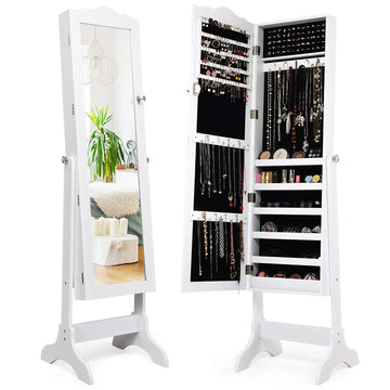 Jewelry Armoire with Full Length Mirror, Lockable Standing Jewelry Cabinet, Mirror with Jewelry Storage, Ring Earring