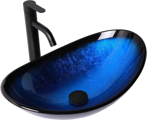 Glass Vessel Sink Bathroom Sink 21" Artistic Boat Shaped Black Blue Tempered Vessel Sink with Black Faucet Pop Up