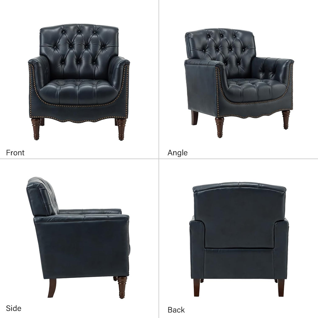 Mid Century Modern Genuine Leather Accent Chair, Navy