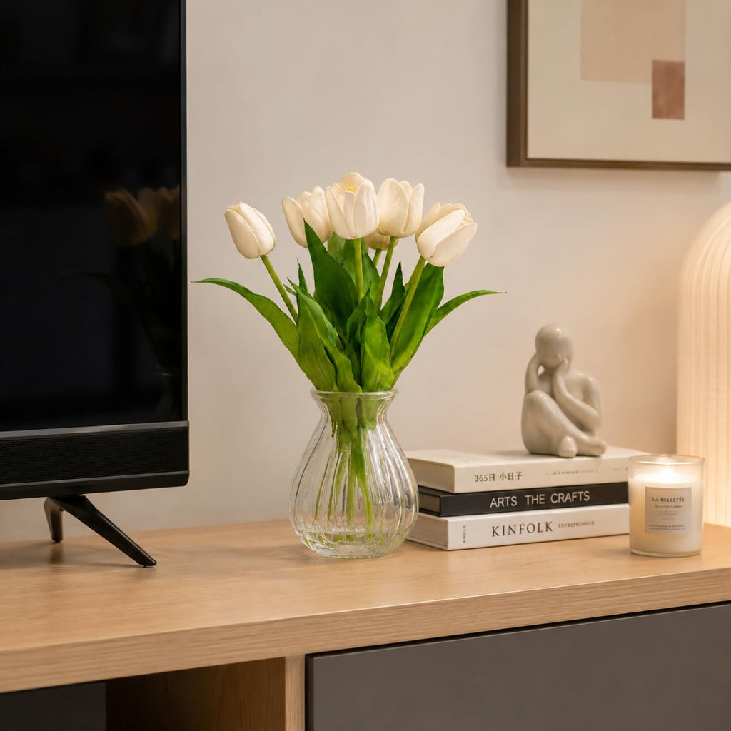 Artificial Tulips with Ribbed Glass Vase, White
