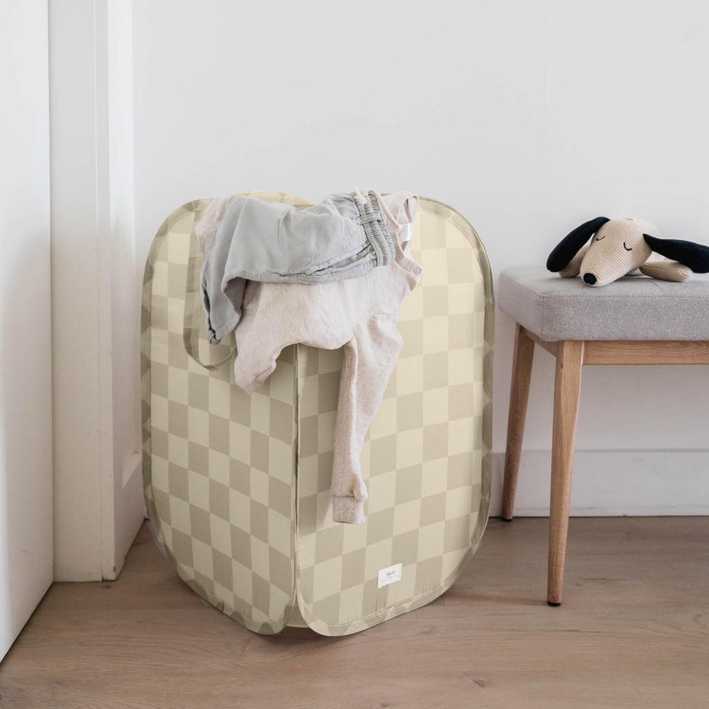Pop Up Hamper, Collapsible Laundry Basket, Checkerboard Beige