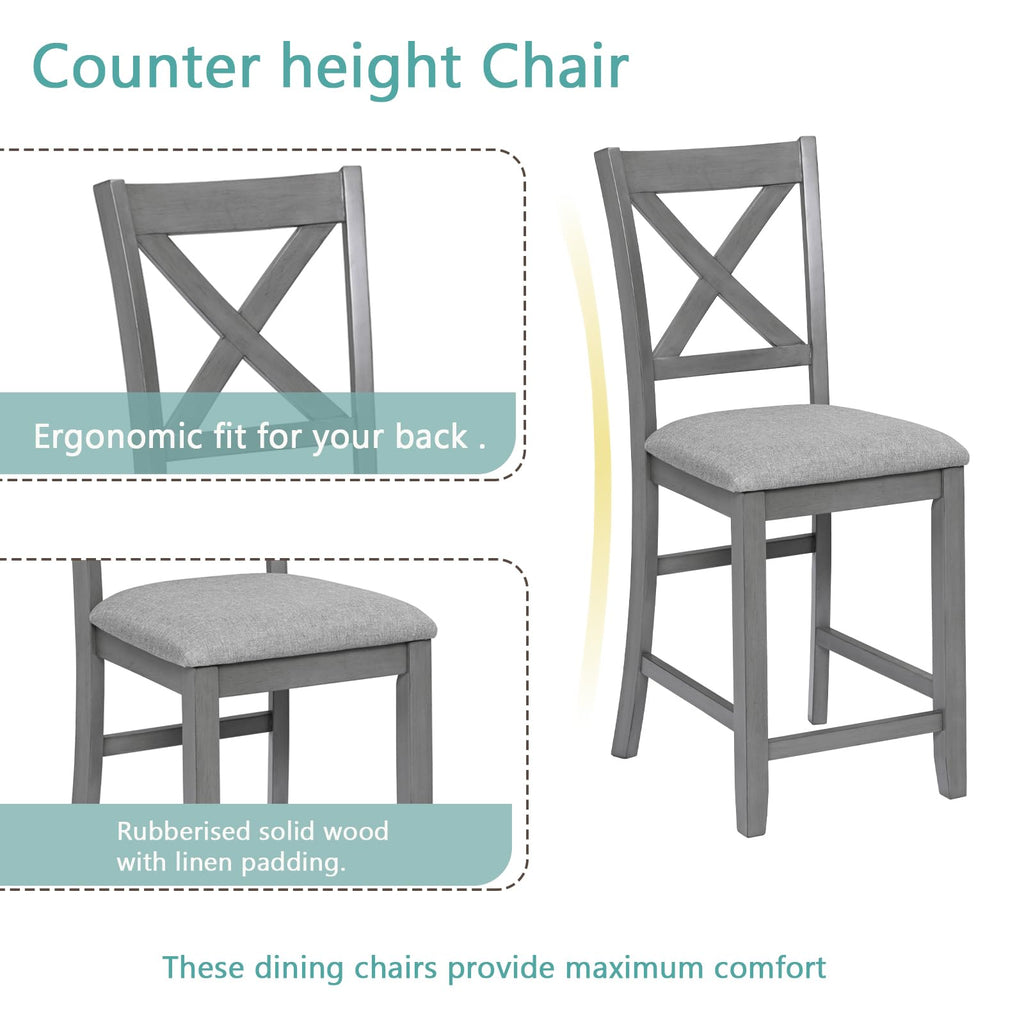 5-Piece Solid Wood Table Set for 4, Farmhouse Counter Height Kitchen Dining Table Set with 4 Upholstered Chairs Bar