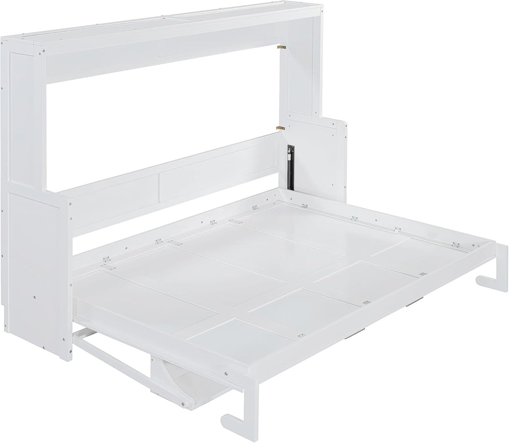 Horizontal Murphy Bed Queen,Hidden Folding Wall Bed Frame with Hydraulic Lift&Desk,Wood Cabinet Platform Bed can be