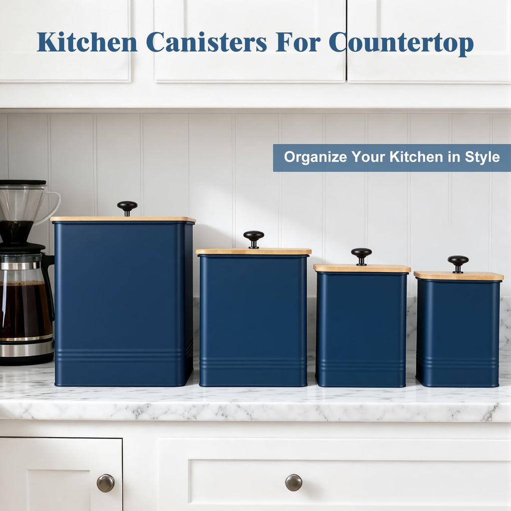 Kitchen Canisters Set 4, Dark Blue Metal Airtight Kitchen Storage Containers