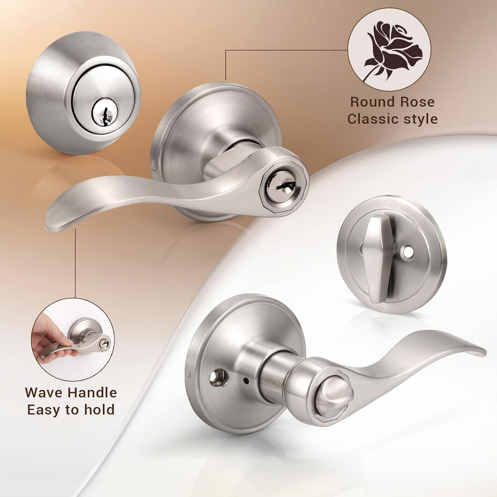 2 Sets of Front Exterior Door Knob Set with Single Cylinder Deadbolts in Satin Nickel Finish, All Keyed Same Combo
