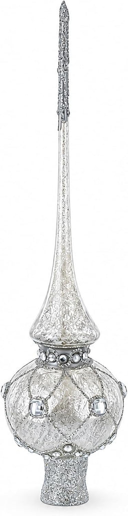 Dimensional White Jewels Speckled Silver Mouth Blown Glass Tree Topper