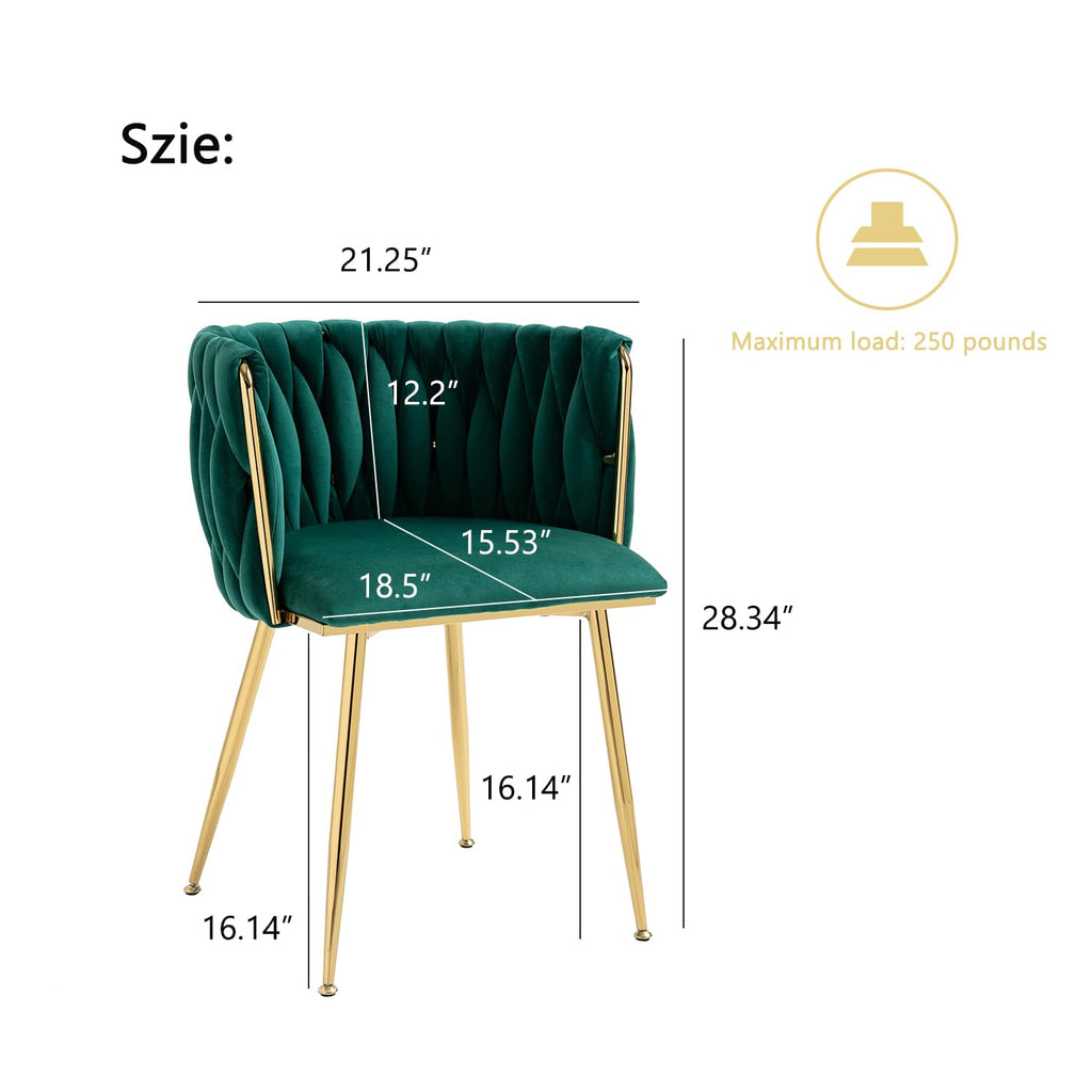 Woven Dining Chairs Set of 4, Velvet Upholstered Dining Chairs with Gold Metal Legs, Modern Accent Chairs (Green)