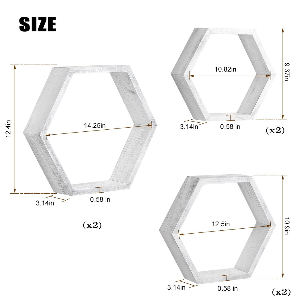 Hexagon Floating Shelves Set of 6, Wall Mounted Wood, Grey