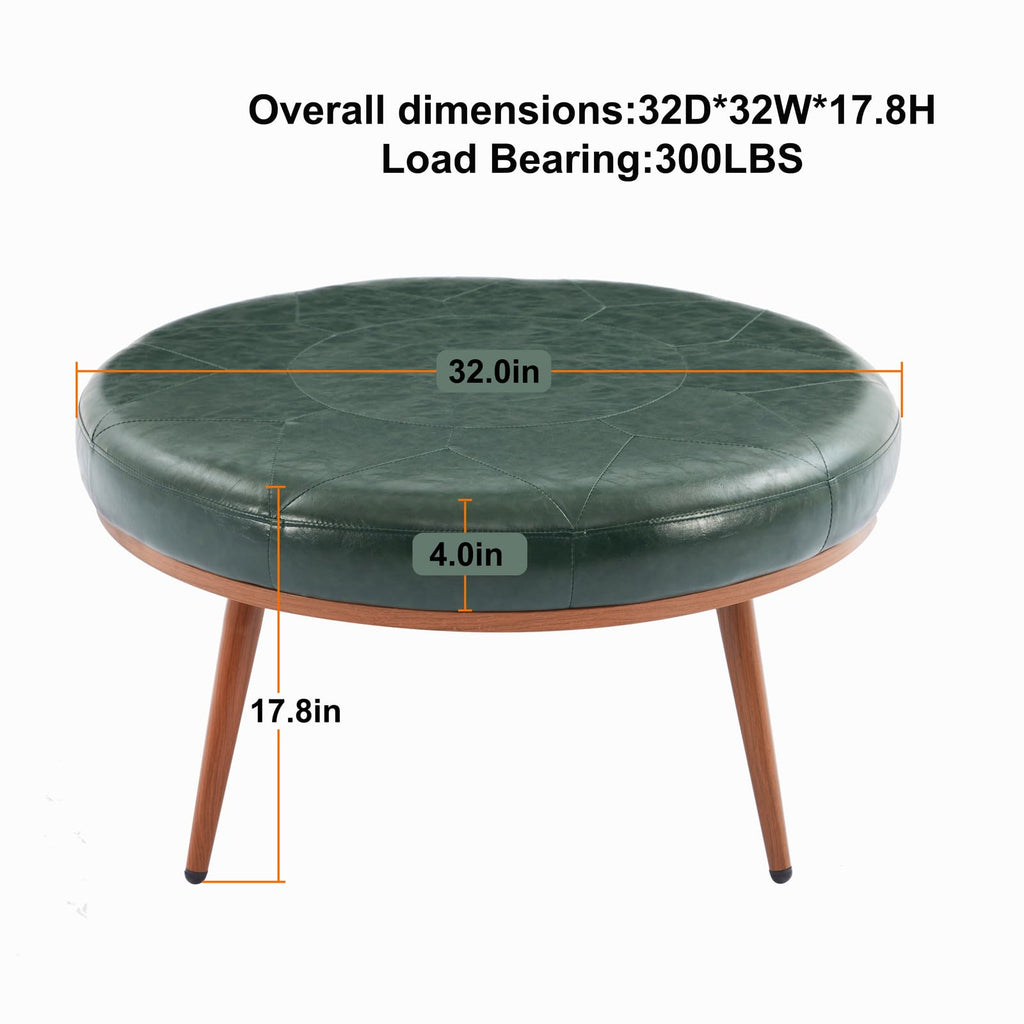 Round Ottoman, Large Faux Leather Footstool and Coffee Table, Cushioned Backless Chair, Padded Seat Footrest, (Green)