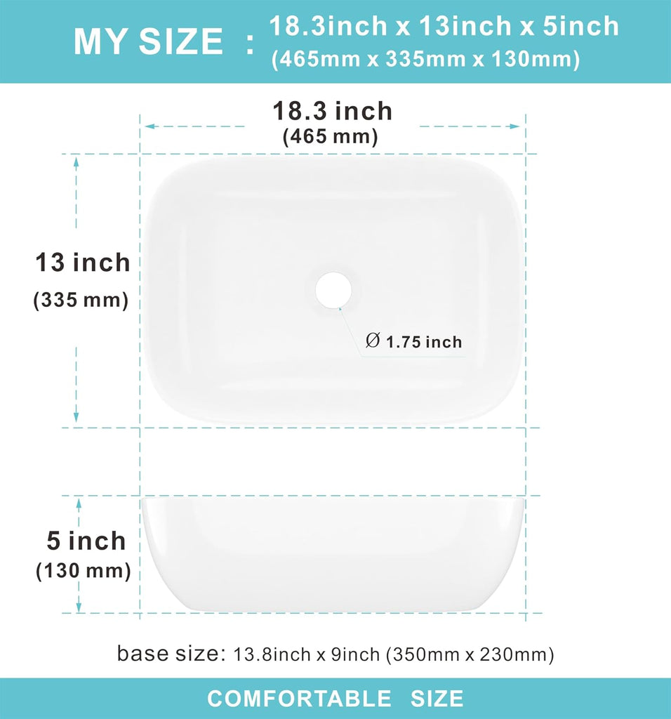 J-FAMILY 18.3'' x 13'' Bathroom Vessel Sink White Porcelain Ceramic Sink Bowl Above Counter Oval Wash Basin Vanity