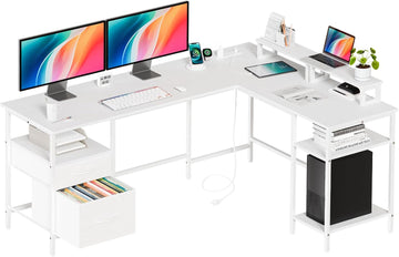 62" L Shaped Desk with Drawers and Power Outlet, White | Reversible Computer Desk with 2 Monitor Stands and Storage