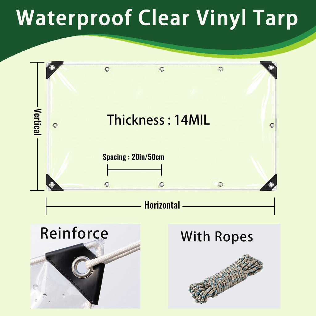 8' X 10' Outdoor Clear Tarp Curtain Waterproof Wind-Proof 0.35mm Transparent Vinyl Tarp Pergola Garden Canopy