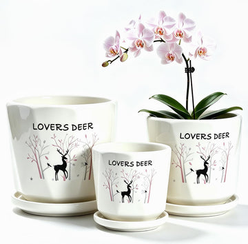 Lovers Deer Ceramic Plant Pots Set of 3, Modern Nordic Planters with Drainage Hole and Saucer, Decorative Flower Pot