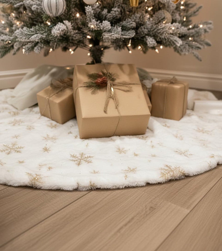 60 Inch Sequin Faux Fur Christmas Tree Skirt Decoration for Merry Christmas Party White Plush Gold Sequin Snowflake