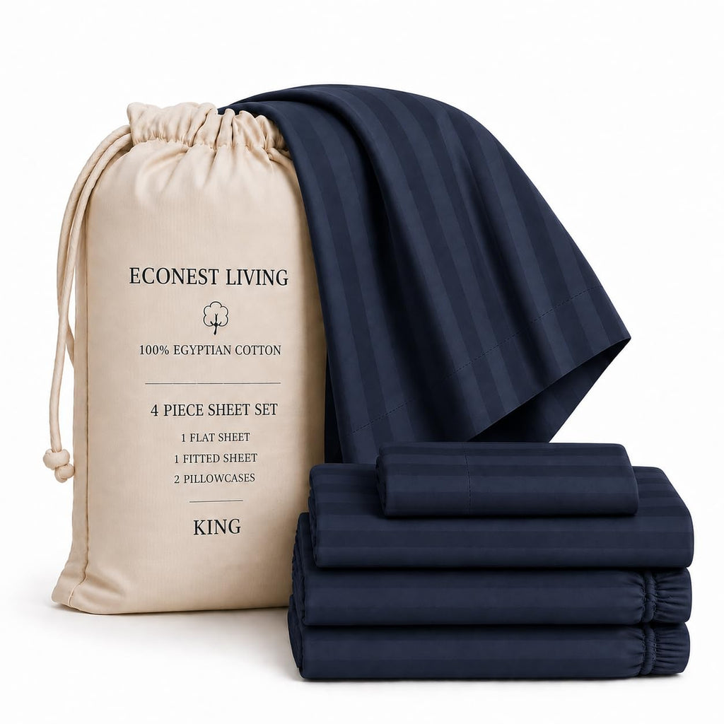 100% Egyptian Cotton 4-pcs King Size Sheet, Sateen, Navy-Blue Damask Stripe