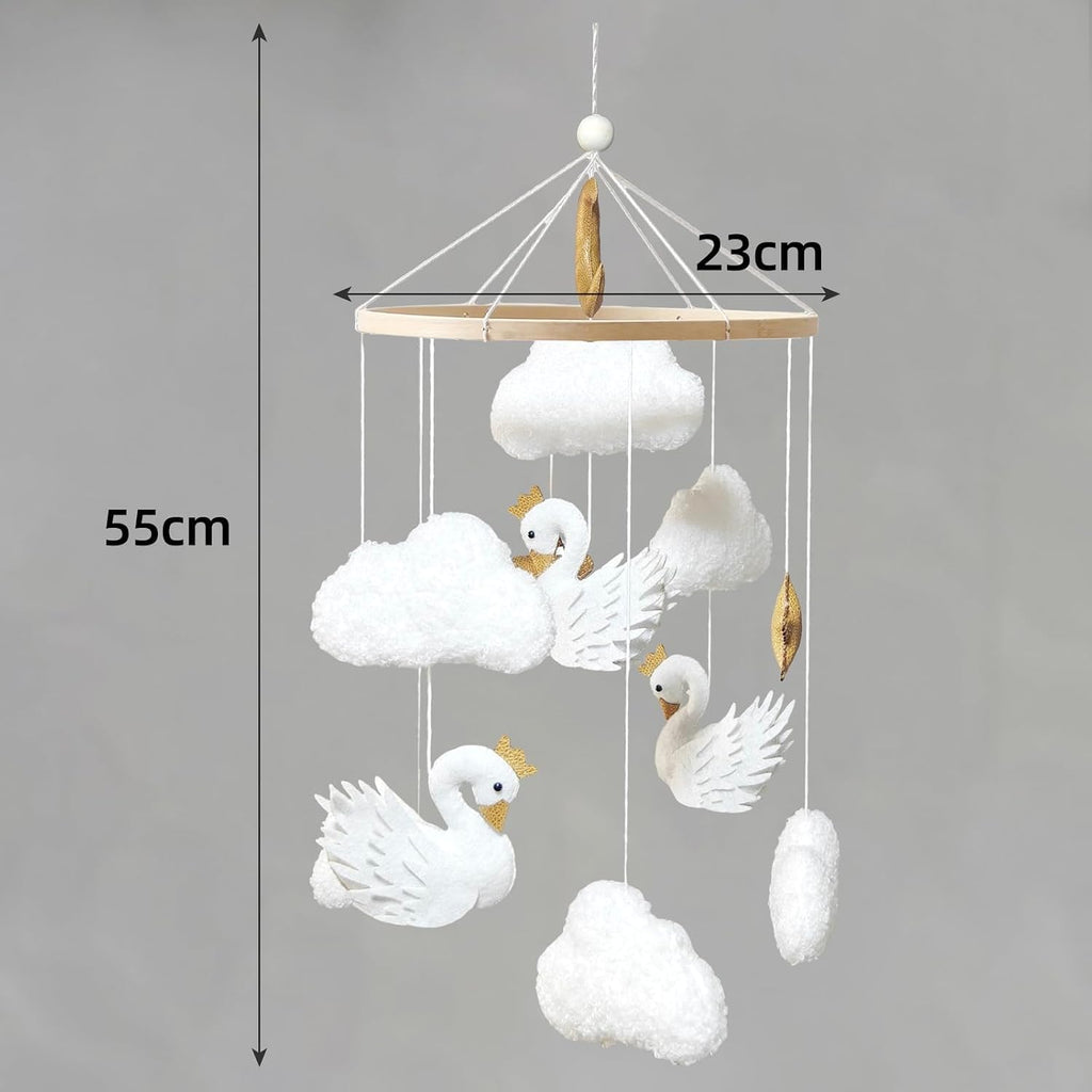 Baby Mobile White Swans with Golden Crowns Felt Clouds Baby Mobile for Crib Boys Girls Neutral Baby Gift Hanging