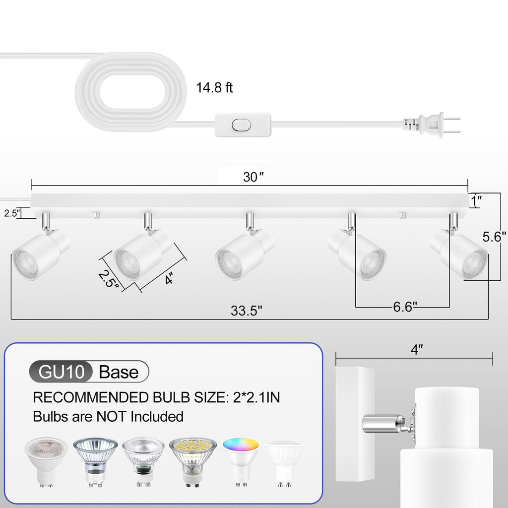 Track Lighting Plug in, 30" LED Track Light Fixtures Ceiling, White 5 Way Spotlight, Rotatable Head, Plug Wall Lights