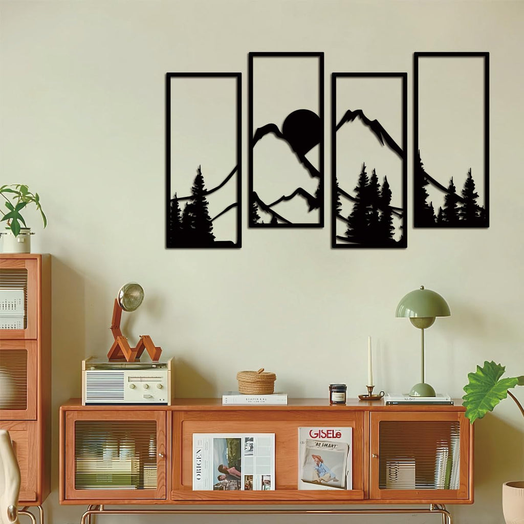 4 Pcs Black Metal Wall Art Sunset Mountain Forest Wall Decor22x9.4In
