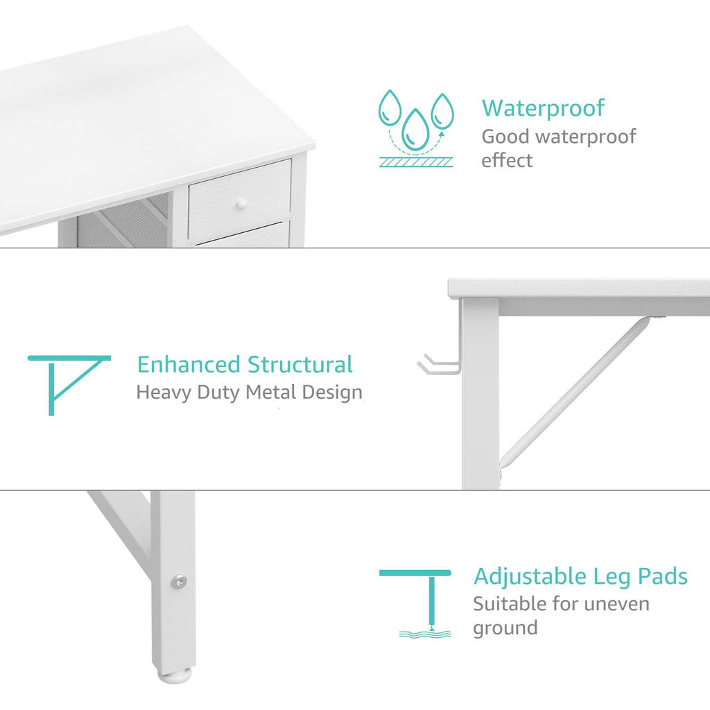 White Computer Desk with Drawers, 47 Inch Reversible Study Work Writing Desk Bedroom, Simple Modern Cute PC Desks