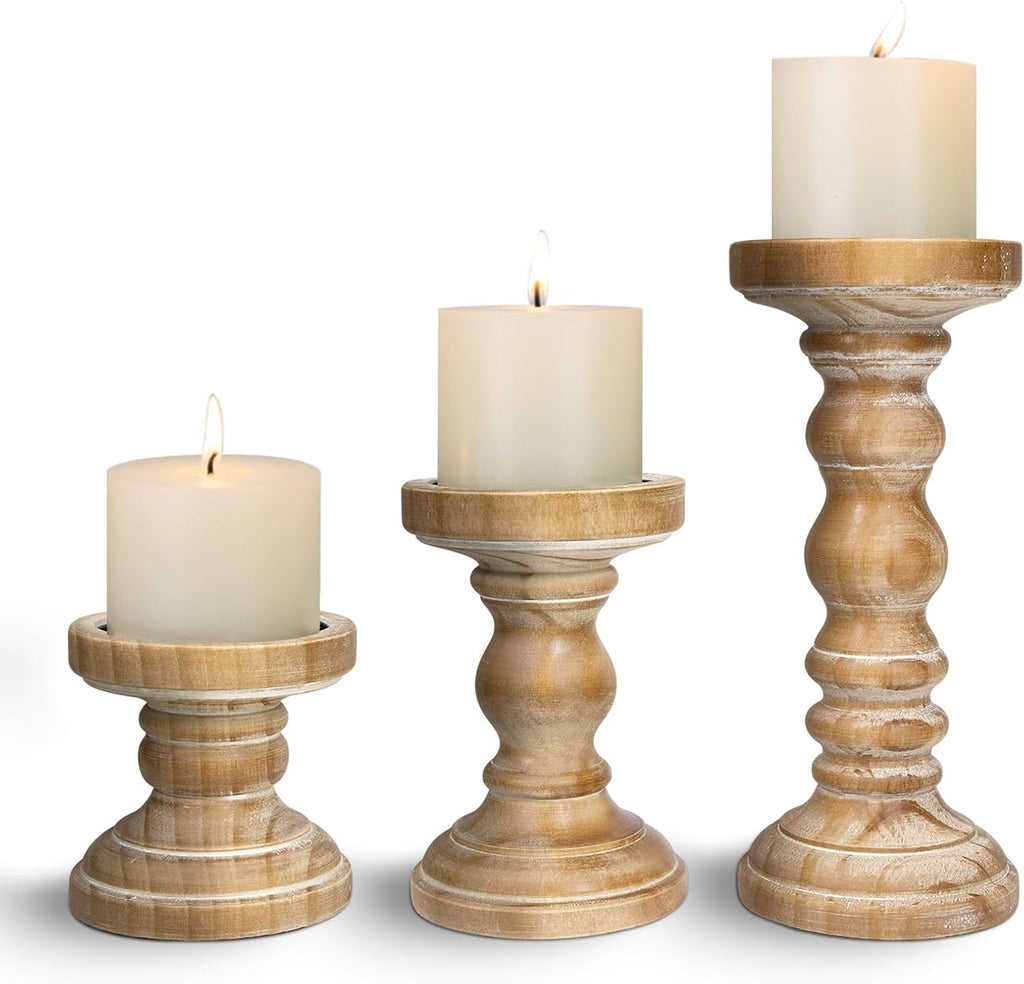 Candle Holder for Pillar Candle Set of 3, Farmhouse Wood Candle Holder, Rustic Wooden Candle Stand, Vintage Tall