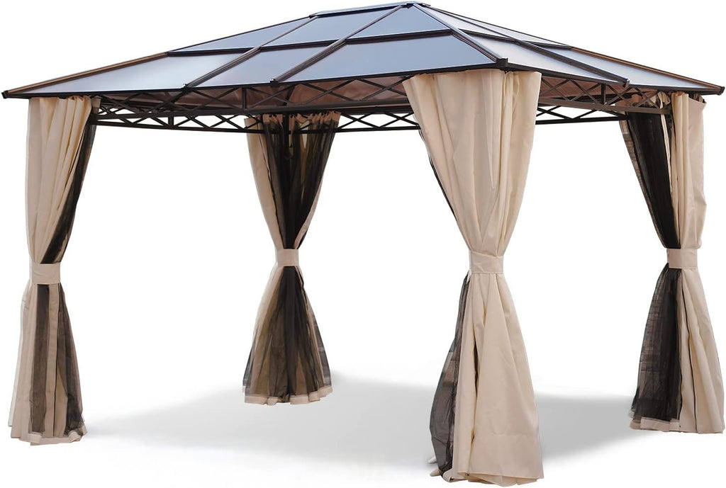 10x12 Gazebo, Hardtop Gazebo, Single Roof Pergolas Metal Aluminum Frame UV 50+ Outdoor Canopy with Mosquito Netting